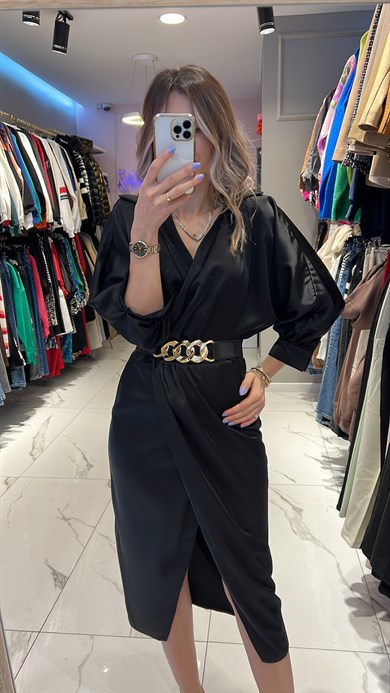 Siyah Saten Kemerli Elbise