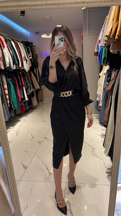 Siyah Saten Kemerli Elbise