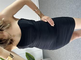 Straplez Drapeli Siyah Mini Elbise