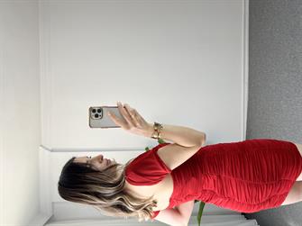 Straplez Düşük Omuz Kırmızı Elbise