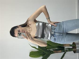 Straplez Gümüş Bluz