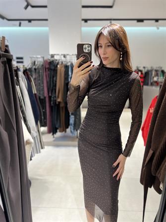 Taşlı Tül Elbise KAHVE