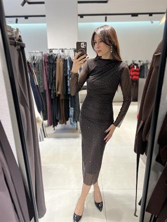 Taşlı Tül Elbise KAHVE