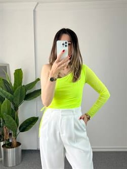 Tek Omuz Tül Neon Yeşil Bluz