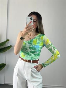 Tek Omuz Tül Yeşil Desenli Bluz