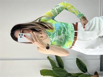 Tek Omuz Tül Yeşil Desenli Bluz