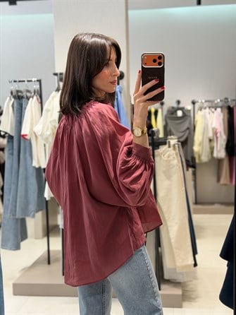 Transparan Balon Kol Tül Gömlek BORDO