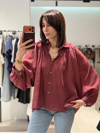 Transparan Balon Kol Tül Gömlek BORDO