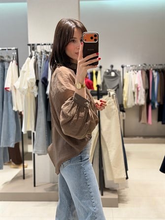 Transparan Balon Kol Tül Gömlek KAHVE