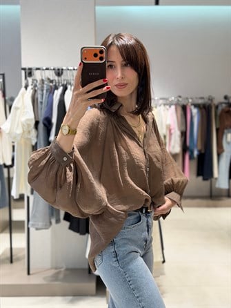 Transparan Balon Kol Tül Gömlek KAHVE