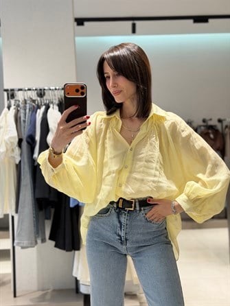 Transparan Balon Kol Tül Gömlek SARI