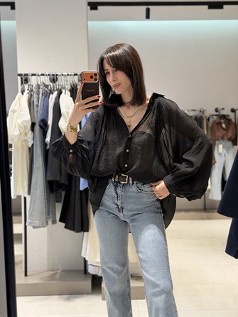 Transparan Balon Kol Tül Gömlek SİYAH