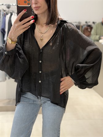 Transparan Balon Kol Tül Gömlek SİYAH