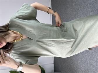 V Yaka Çağla Ham Keten Elbise