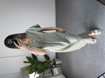 V Yaka Çağla Ham Keten Elbise