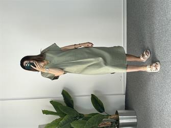 V Yaka Çağla Ham Keten Elbise