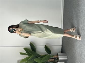 V Yaka Çağla Ham Keten Elbise