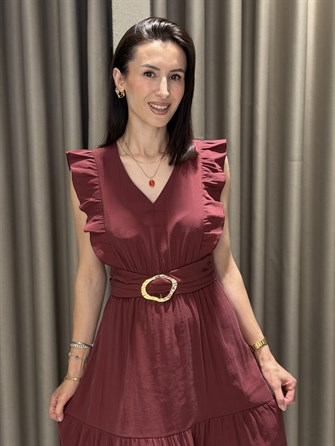 V Yaka Gold Tokalı Yırtmaçlı Elbise BORDO