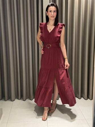 V Yaka Gold Tokalı Yırtmaçlı Elbise BORDO