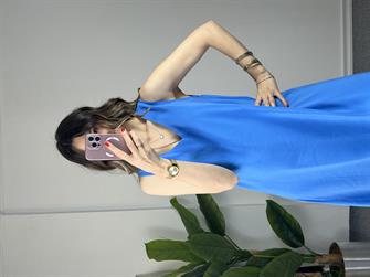 V Yaka Mavi Midi Boy Elbise