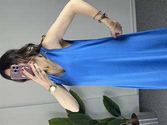 V Yaka Mavi Midi Boy Elbise