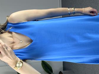 V Yaka Mavi Midi Boy Elbise