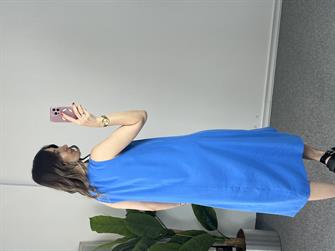 V Yaka Mavi Midi Boy Elbise