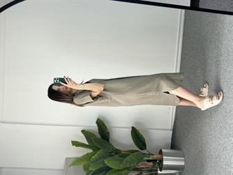 V Yaka Vizon Ham Keten Elbise