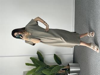 V Yaka Vizon Ham Keten Elbise