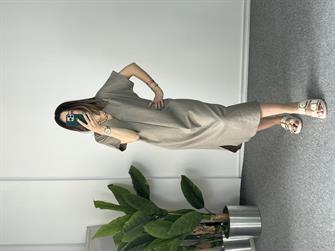 V Yaka Vizon Ham Keten Elbise