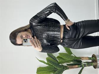 Varaklı Saç Örgü Siyah Kısa Kazak