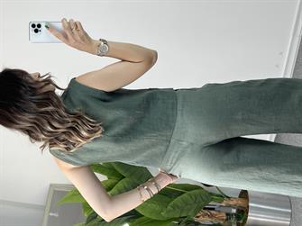 Yelekli Yeşil Ham Keten Takım 