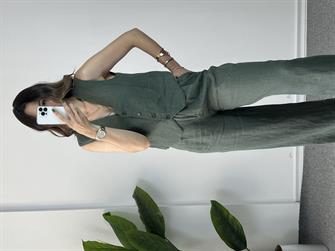 Yelekli Yeşil Ham Keten Takım 