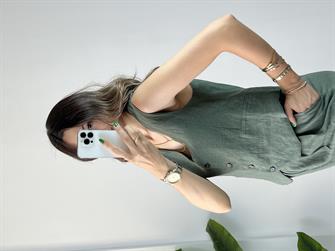 Yelekli Yeşil Ham Keten Takım 