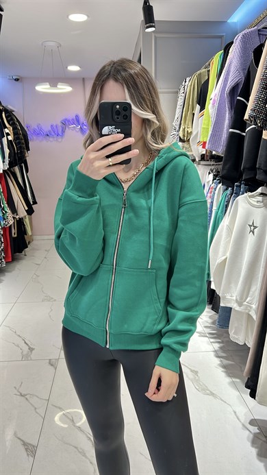 Yeşil Kapşonlu 3 İplik Ceket