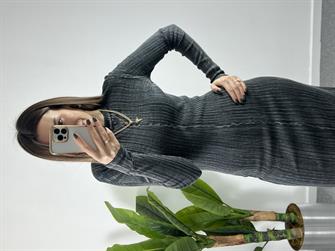 Yıkamalı Gri Triko Elbise