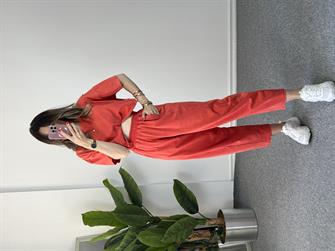 Yıkamalı Kırmızı Crop Takım