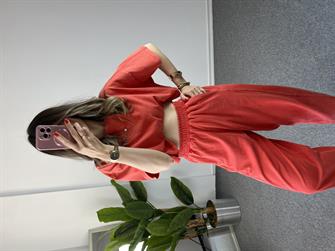 Yıkamalı Kırmızı Crop Takım