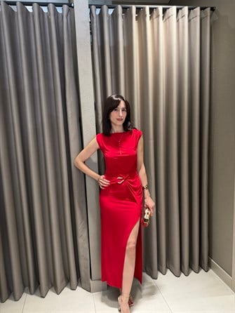 Yırtmaç Detay Beli Tokalı Elbise KIRMIZI