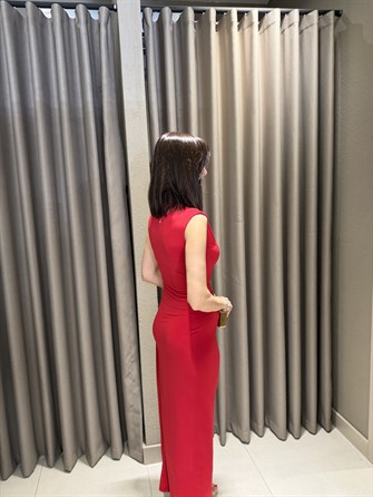 Yırtmaç Detay Beli Tokalı Elbise KIRMIZI