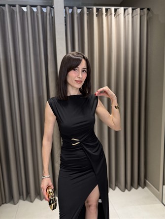 Yırtmaç Detay Beli Tokalı Elbise SİYAH