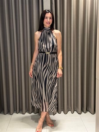 Zebra Kemerli Midi Şifon Elbise SİYAH