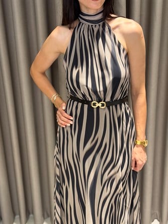 Zebra Kemerli Midi Şifon Elbise SİYAH