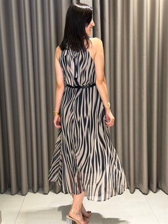 Zebra Kemerli Midi Şifon Elbise SİYAH