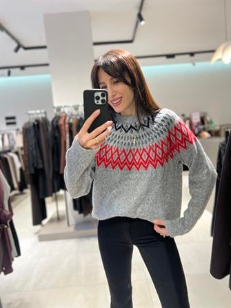 Zigzag Desenli Gri Kazak