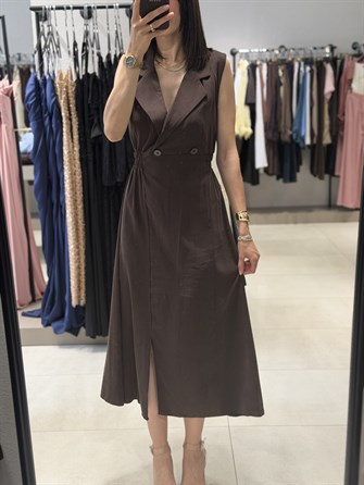 Zr Model Beli Lastikli Tensel Midi Elbise KAHVE