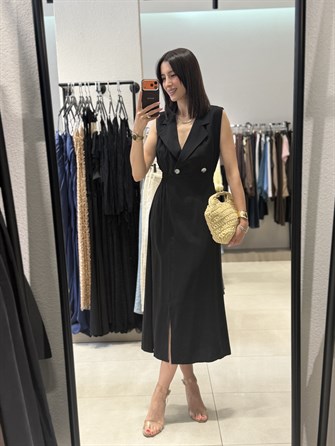 Zr Model Beli Lastikli Tensel Midi Elbise SİYAH
