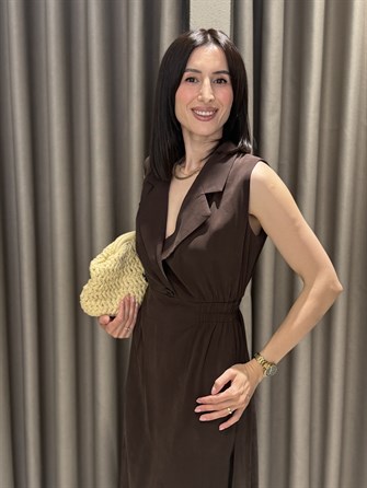 Zr Model Beli Lastikli Tensel Midi Elbise KAHVE