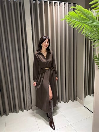 ZR MODEL TENSEL MİDİ BOY DÜĞMELİ ELBİSE KAHVE