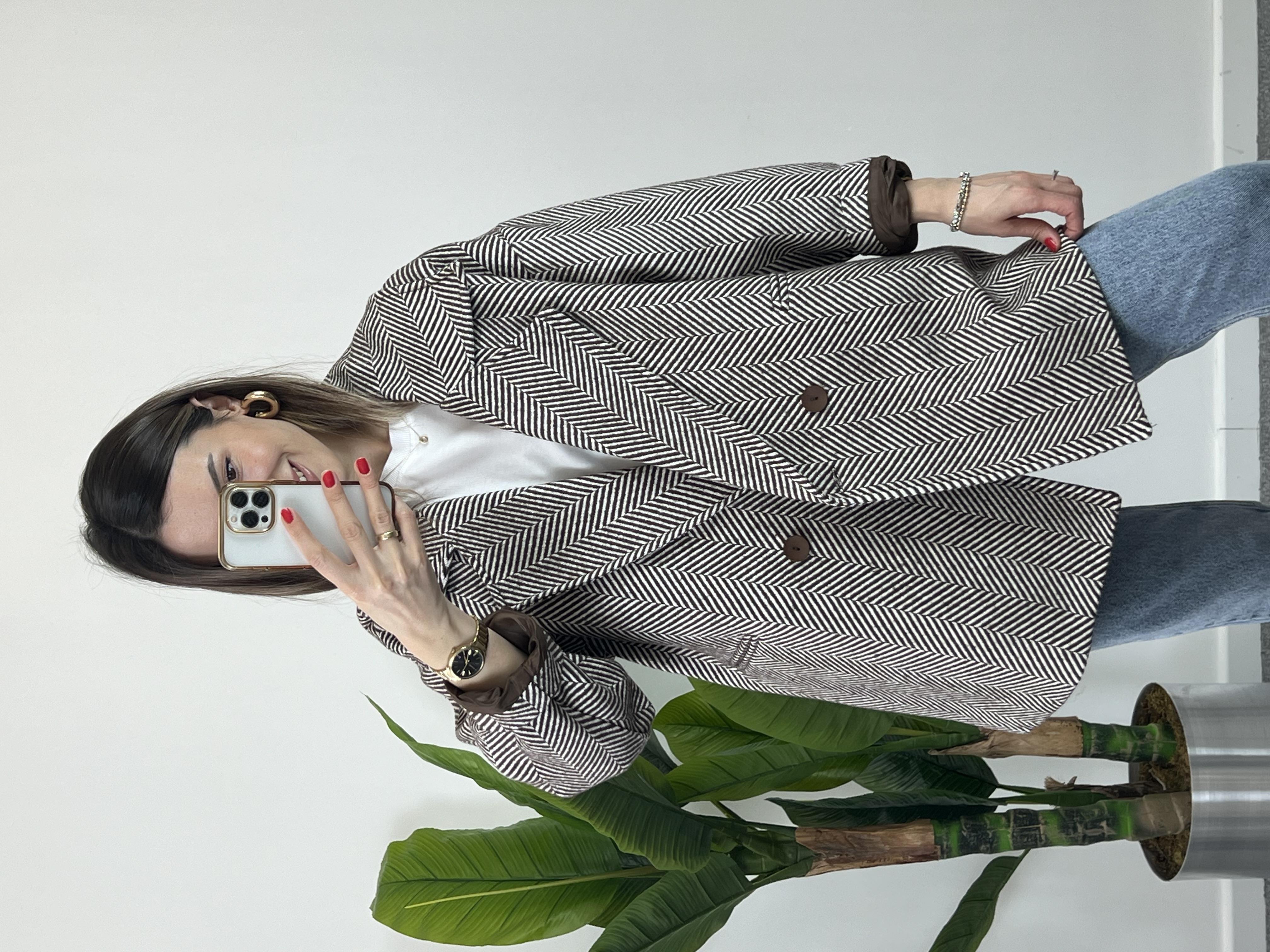 Balıksırtı Desen Owersize Kaban